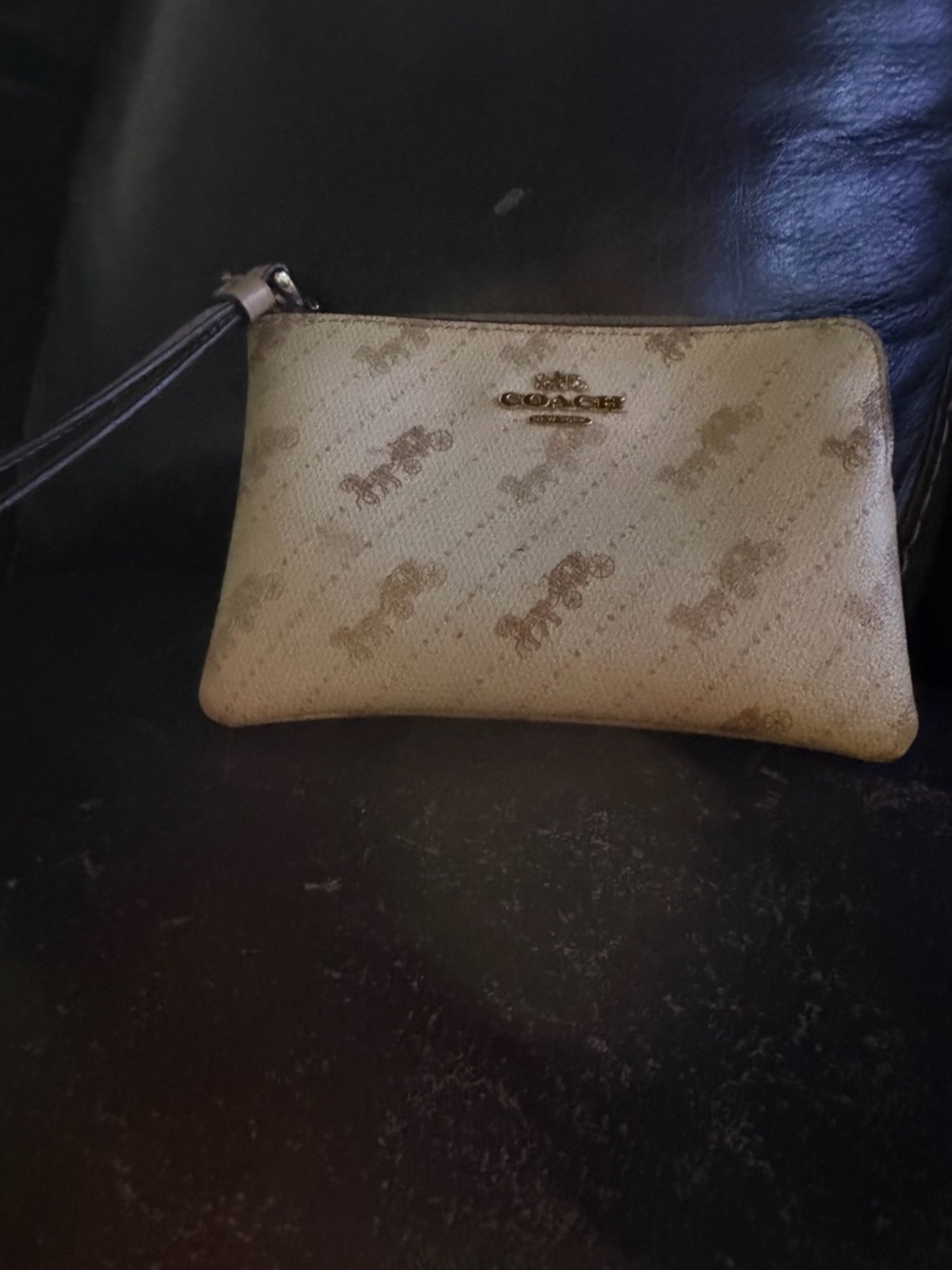 Coach Small Wristlet in Cream with Brown Print and Gold Hardware